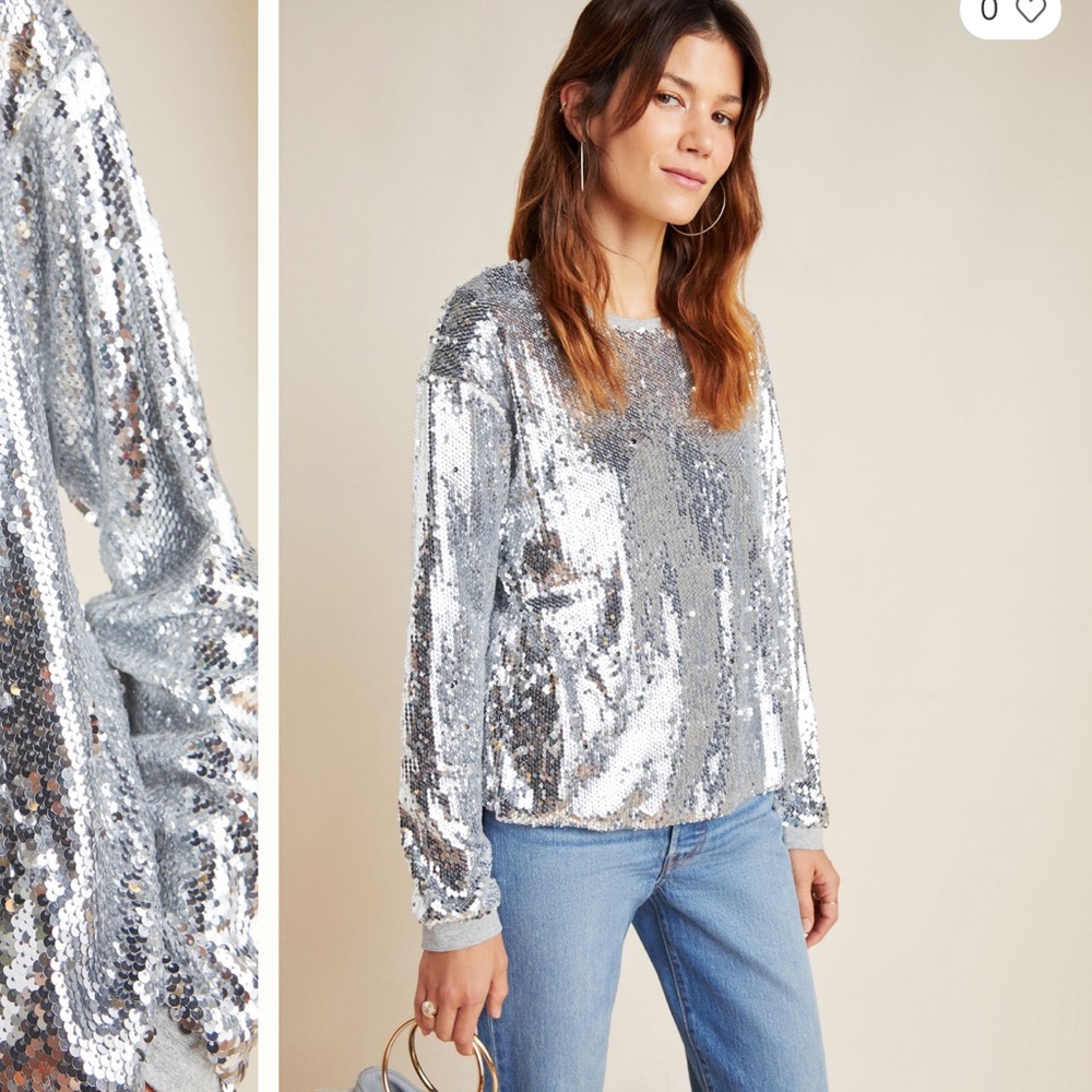 NWOT Anthropologie Eri + Ali Babette Sequin Silver Pullover Top L